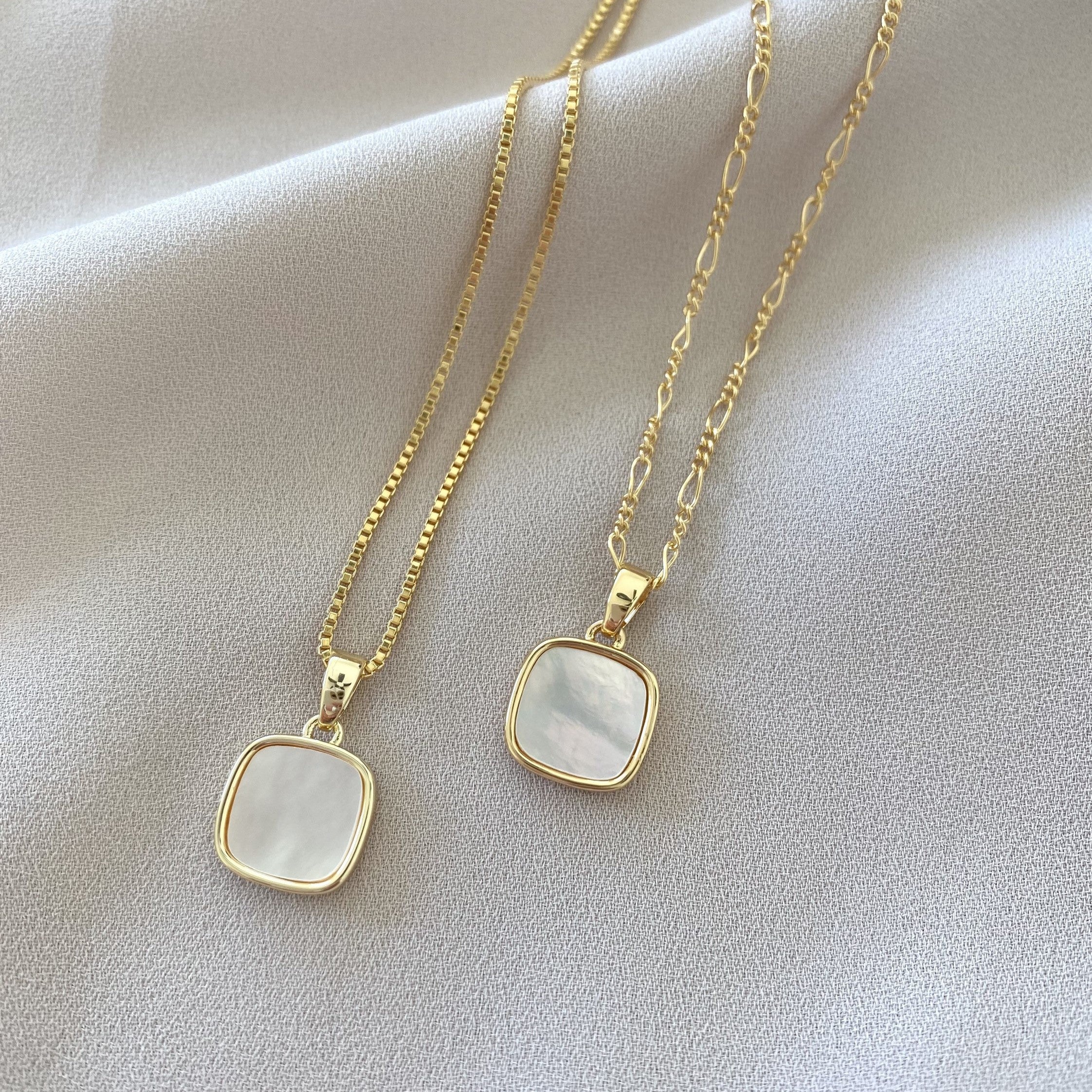 Mother of Pearl Necklace Square Pearl Pendant Necklace Gold Filled Figaro Chain Girlfriend Gifts