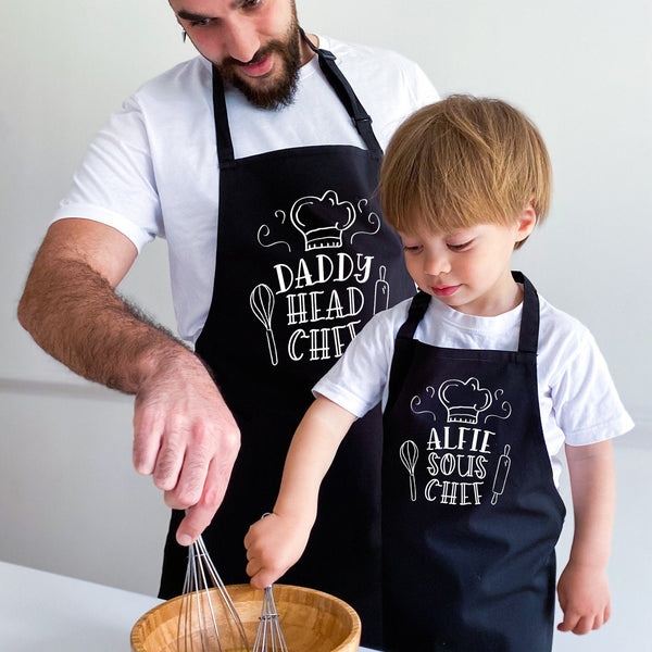Cute Matching Apron with Names, Personalised Head Chef Sous Chef, Father's Day Christmas Birthday Gift for Dad Child
