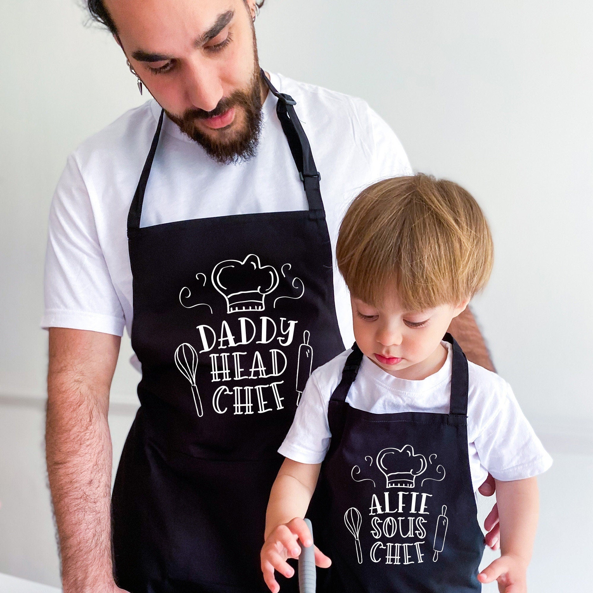 Cute Matching Apron with Names, Personalised Head Chef Sous Chef, Father's Day Christmas Birthday Gift for Dad Child