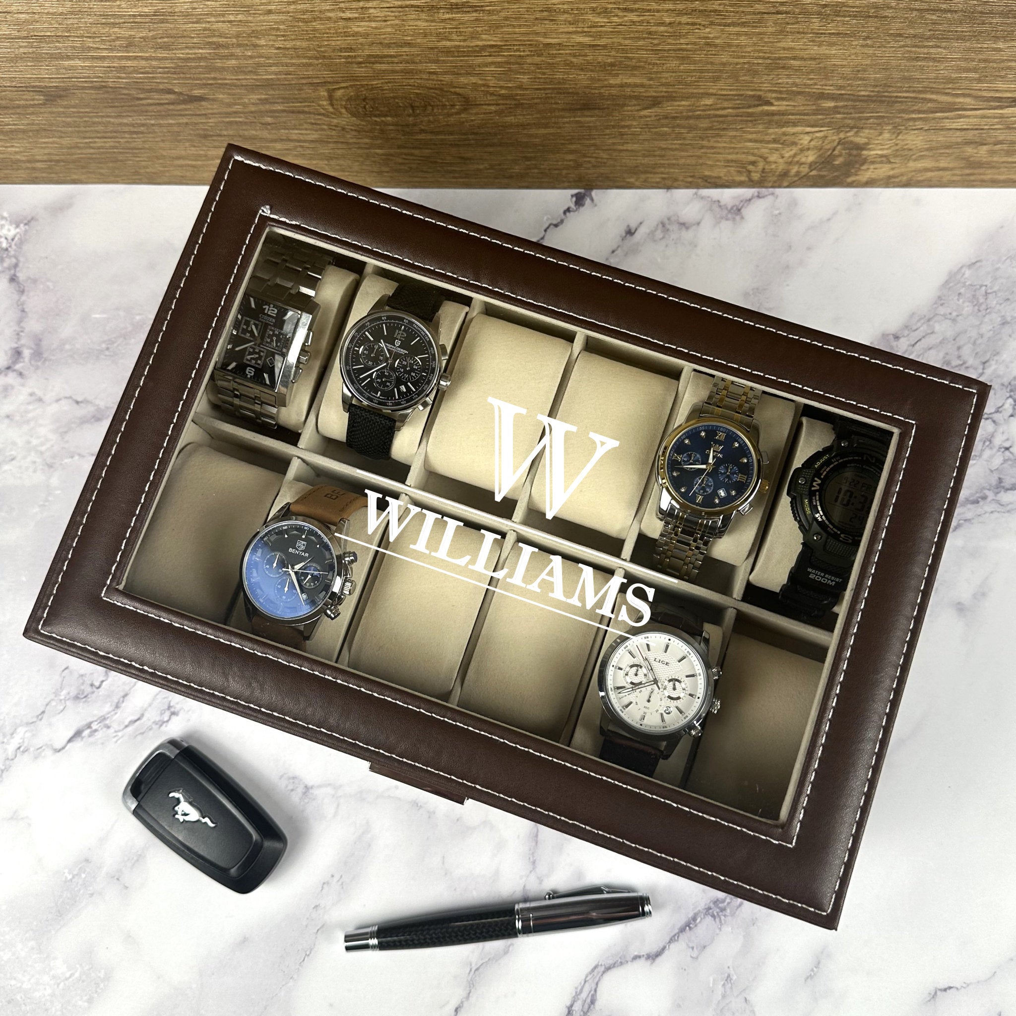 Personalized Leather Watch Box Watch Storage Watch Organizer Double Layer Watch Case  Fathers Day Gift Gift for Best Man Gift