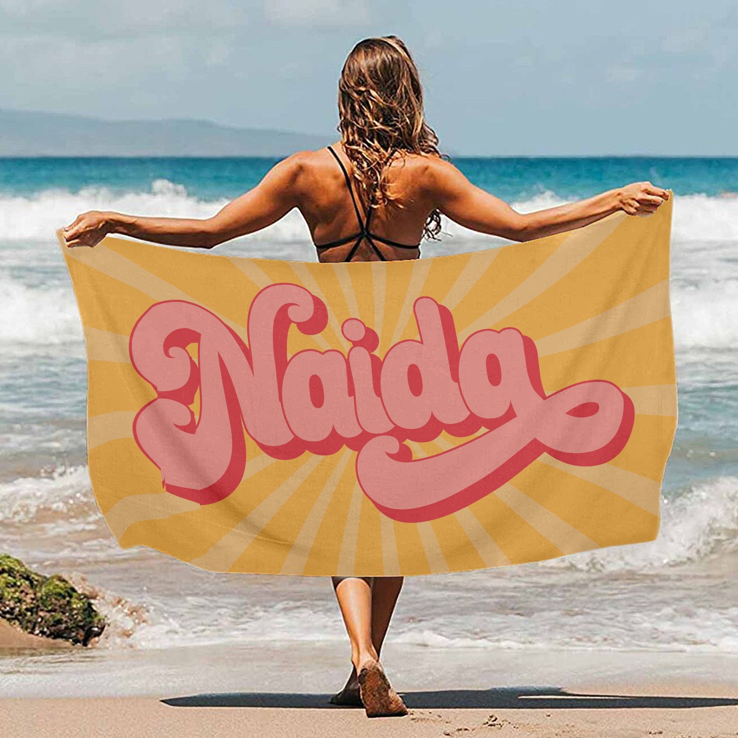 Retro 70's Style Custom Name Towel,Personalized Vintage Pool Towel