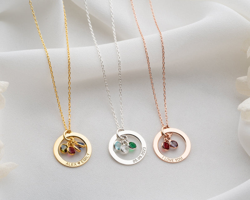 Personalized  Birthstone Necklace，Silver Engraved Jewelry