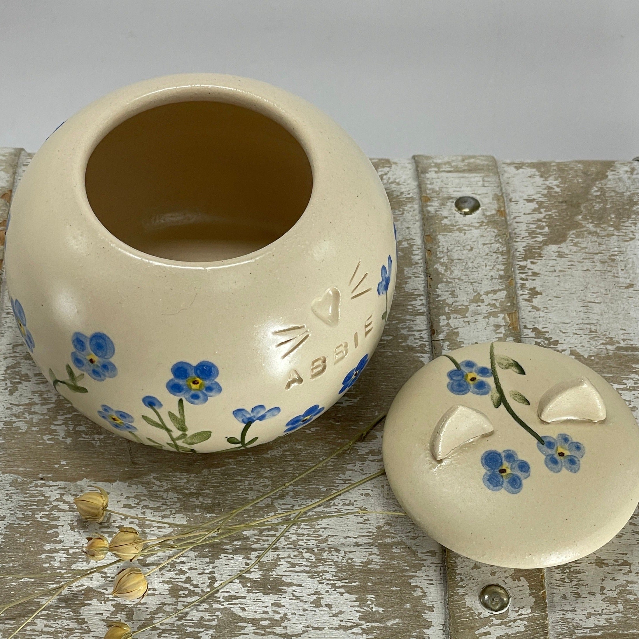 Forget me not/Sunflower White pet Urn, Ceramic Urn for Ashes, simple pet urn